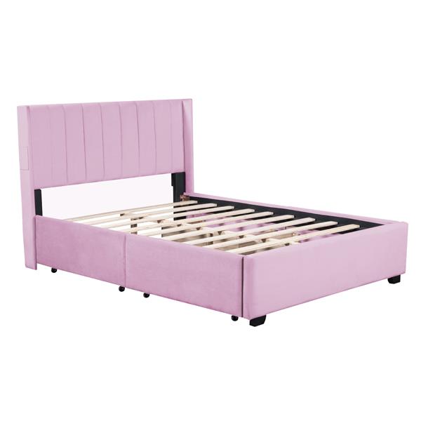 Full Size Upholstered Bed with 4 Drawers, Pink