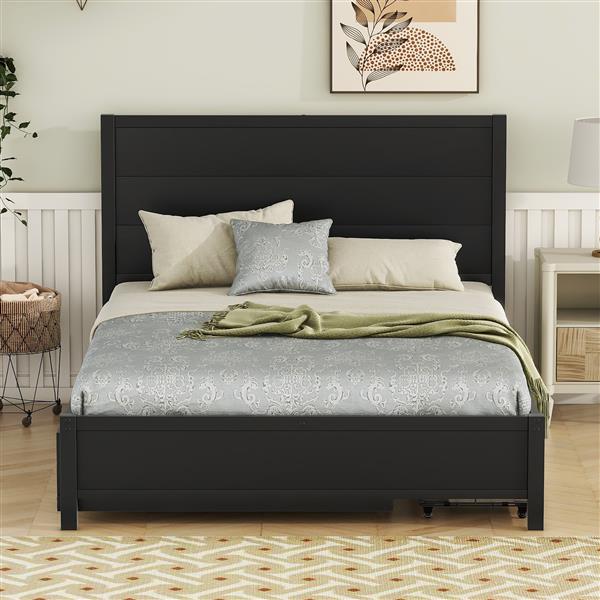 Metal Full Size Storage Platform Bed with Twin Size Trundle and 2 Drawers, Black