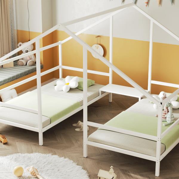 Metal Double Twin Size Triangular House Beds with Built-in Table, White