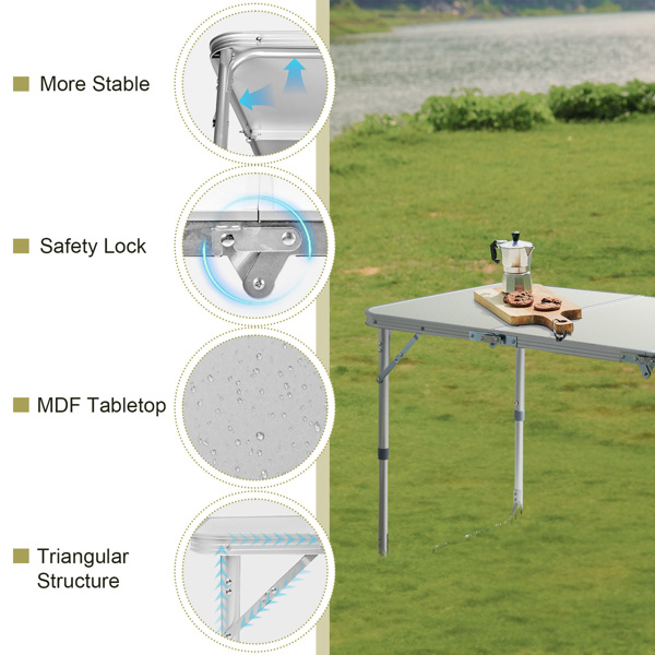 4ft Camping Folding Table, Aluminum Portable Picnic Table with Adjustable Height, 3 Fold Lightweight Outdoor Table for Indoor Travel Beach and Party