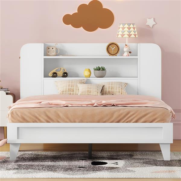 Full Size Platform Bed with Storage Headboard,Multiple Storage Shelves on Both Sides,White