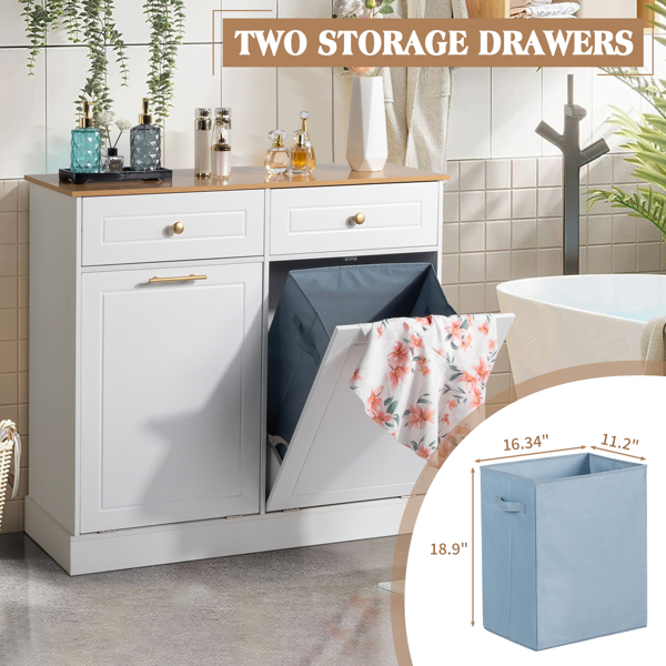 [FCH] Kitchen Trash Can Cabinet, 2 Doors 2 Drawers 2 Dirty Clothes Bags Garbage Storage Cabinet, White