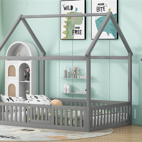 Full Size Wood House Bed with Fence and Door, Gray