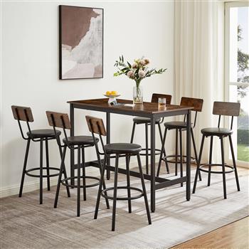 Pub High Dining Table 7 Piece Set, Industrial Style Pub Table, 6 PU Leather Bar Chairs for Kitchen Breakfast Table, Living Room, Bar, Rustic Brown, 47.2″L x 23.6\\"W x 35.4\\"H