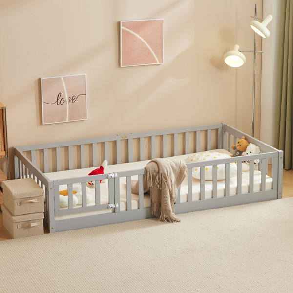 Fence Bed With Door With Board Grey Painted Pine Twin Children's Bed