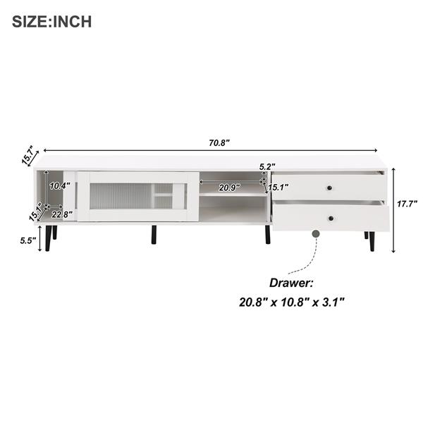 Chic Elegant Design TV Stand with Sliding Fluted Glass Doors, Slanted Drawers Media Console for TVs Up to 75", Modern TV Cabinet with Ample Storage Space, White