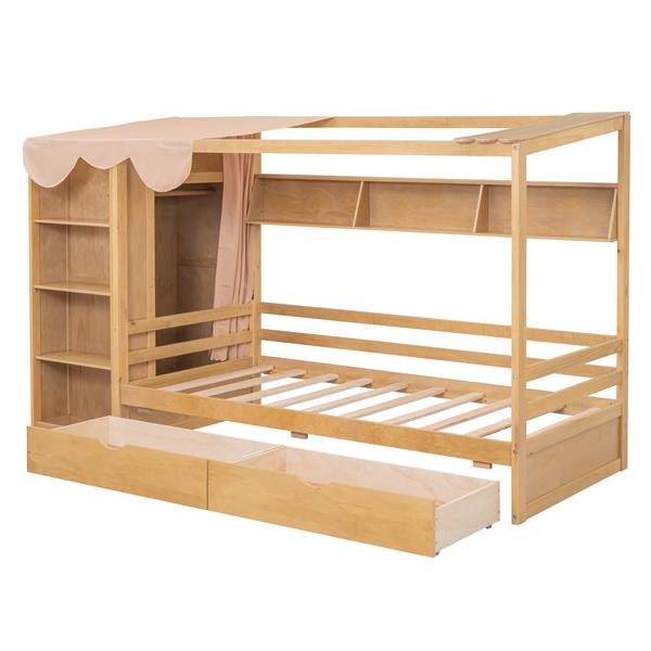 Twin size House Bed with Two Drawers and Wardrobe,Natural