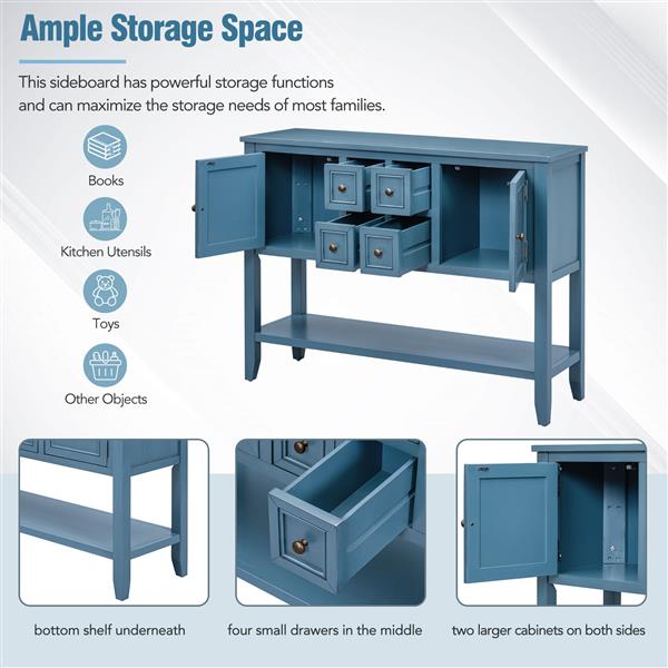 Series  Ample Storage Vintage Console Table with Four Small Drawers and Bottom Shelf for Living Rooms, Entrances and Kitchens (Light Navy