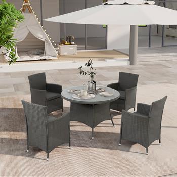 5 Piece Outdoor Dining Set All-Weather Wicker Patio Dining Table and Chairs with Cushions, Round Tempered Glass Tabletop with Umbrella Cutout for Patio Backyard Porch Garden Poolside(Gray-Gray)