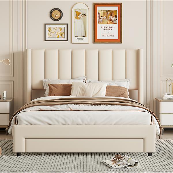 Full Size Storage Bed Velvet Upholstered Platform Bed with a Big Drawer - Beige