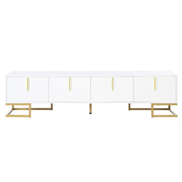 Modern TV Stand with Metal Legs and Gold Handles for TVs Up to 80'', Media Console Table with Cabinets and Adjustable Shelves, Luxury TV Cabinet with Geometric Lines for Living Room, White