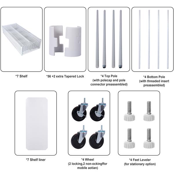 7 Tier Metal Shelf Wire Shelving Unit, 2450lbs Heavy Duty Adjustable Storage Rack with Wheels & Shelf Liners for Closet Kitchen Garage Basement Commercial Shelving - 81.5" H x 48" L x 18" D white
