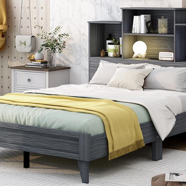 Full Size Storage Platform Bed Frame with 4 Open Storage Shelves and USB Charging Design,Gray