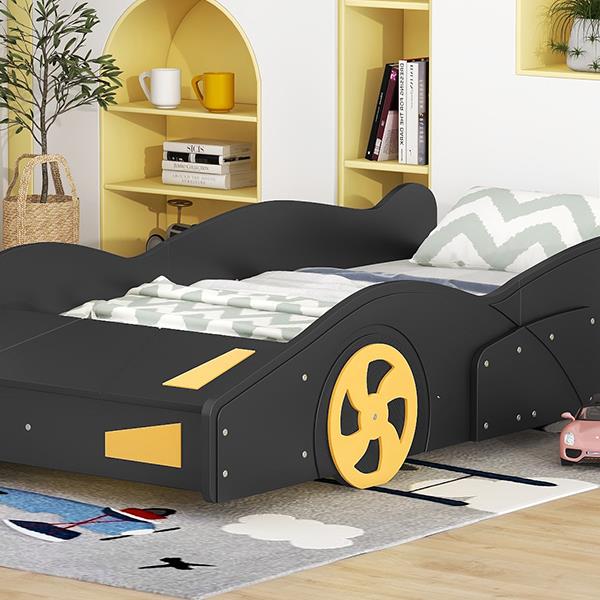 Twin Size Race Car-Shaped Platform Bed with Wheels and Storage, Black+Yellow