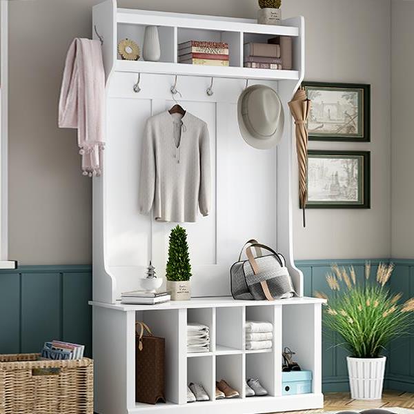 Hall Tree with 6 Hooks , Coat Hanger, Entryway Bench, Storage Bench, 3-in-1 Design, 39.4INCH, for Entrance, Hallway(White)