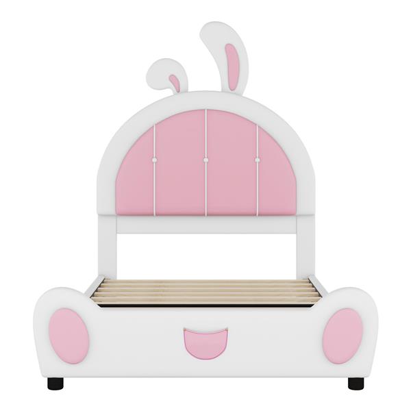 Twin Size Upholstered Platform Bed with Rabbit Shaped Headboard, White