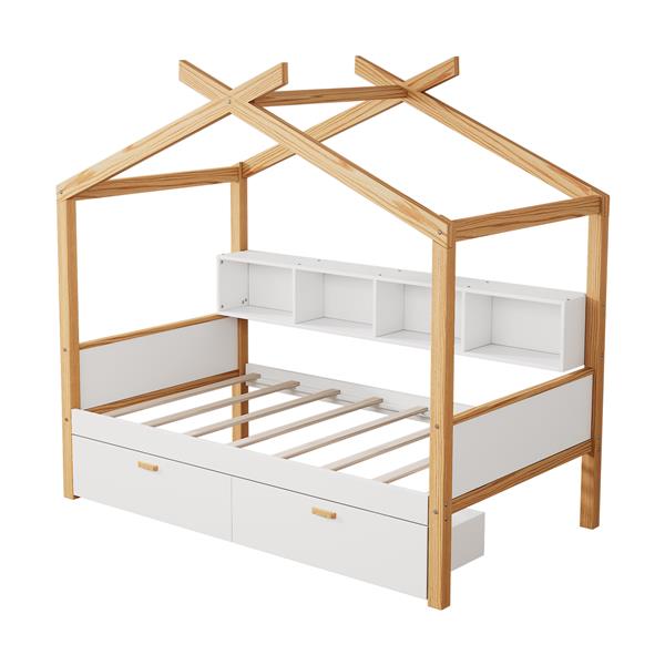 White Twin Size Wooden House Bed Original Wood Colored Frame with Two Drawers and Bookshelf Storage Space for Children or Guest Room