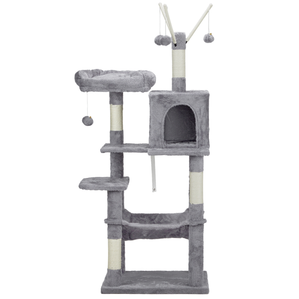 57 inch Cat Tree Cat Tower for Indoor Cats, Cat House with Padded Platform Bed, Toy Balls, Large Cozy Condo and Sisal Scratching Posts, Light Grey