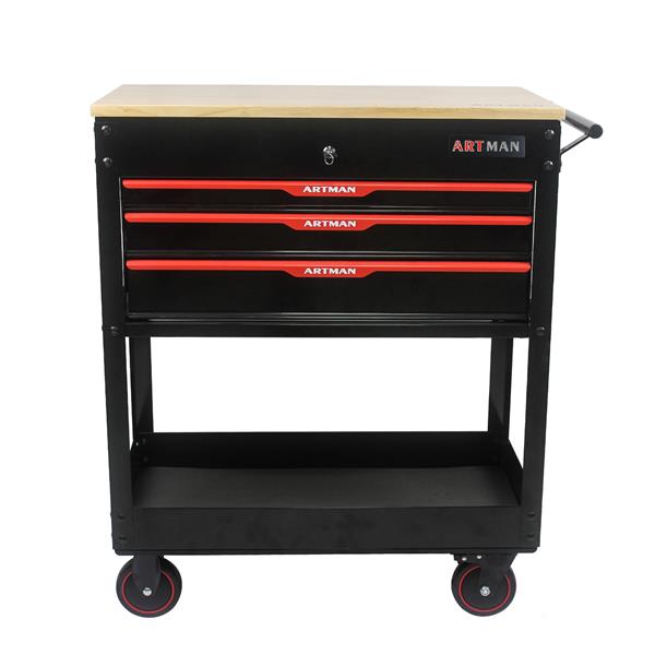 3 DRAWERS MULTIFUNCTIONAL TOOL CART WITH WHEELS AND WOODEN TOP