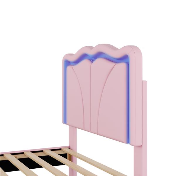 Twin Size Upholstered Platform Bed with Curve Shaped and Height-adjustbale Headboard,LED Light Strips,Pink