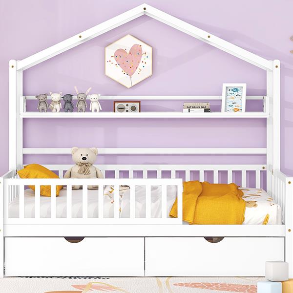 Wooden Full Size House Bed with 2 Drawers,Kids Bed with Storage Shelf, White