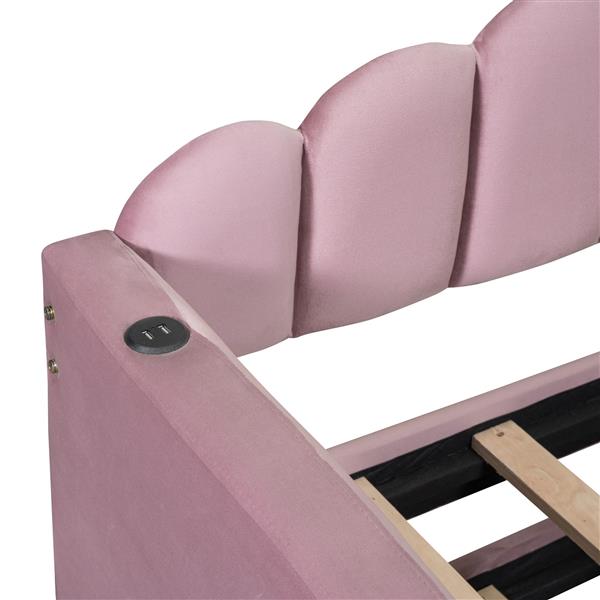 Twin size Upholstered Daybed with Trundle ,Velvet Sofabed with USB Charging Ports,No Box-spring Needed,Pink