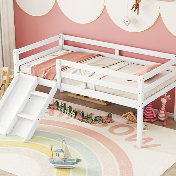 Twin Low Loft Bed with Slide,  Ladder, Safety Guardrails, No Box Spring Needed,White