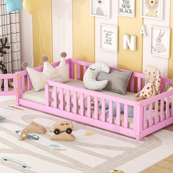 Twin Size Bed Floor Bed with Safety Guardrails and Door for Kids, Pink