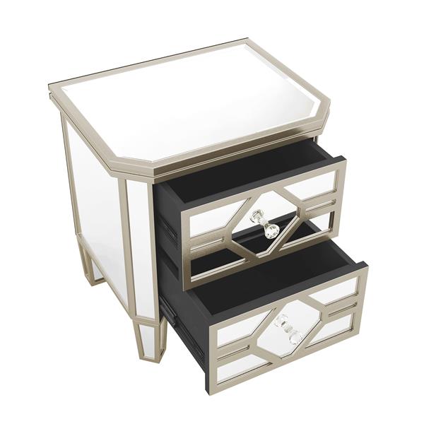 Elegant Mirrored 2-Drawer Side Table with Golden Lines for Living Room, Hallway, Entryway