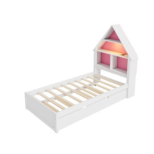 Twin Size House-Shaped Bed with Bookcase Headboard and Led Light and Twin Size Trundle for Kids Boys Girls, Pink+ White