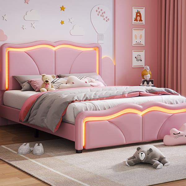 Full Size Upholstered Platform Bed with Curve Shaped and Height-adjustbale Headboard,LED Light Strips,Pink