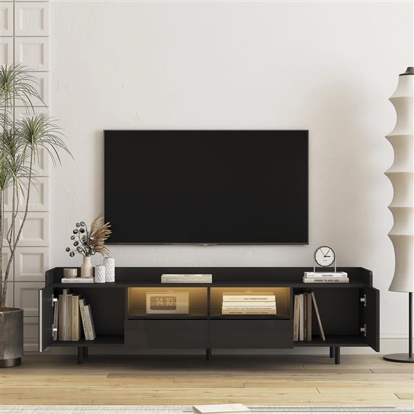 High Gloss TV Stand with LED Light for TVs up to 70 inche, Modern Home Entertainment Center with Open Shelves and Drawers, Media Console TV Stand for Living Room