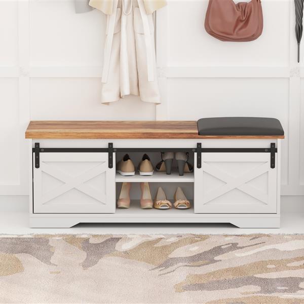 47 Inch Modern Farmhouse Sliding X Barn Door Litterbox Bench with Entry Cutout, Shoe Bench