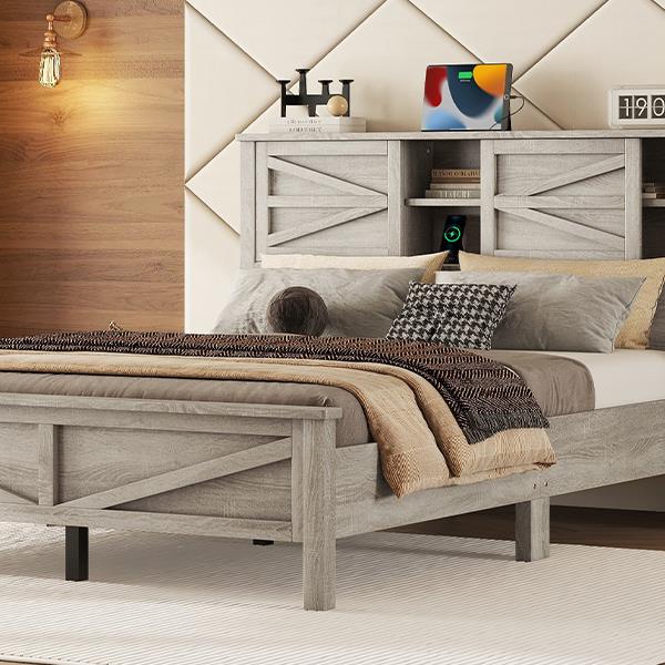 Farmhouse Platform Bed with Double Sliding Barn Door, Queen Size Rustic Wood Bed with
Charging Station, Wood Slats Support, Antique Gray