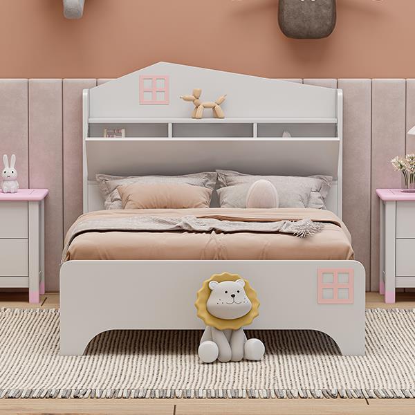 Wooden Twin Size House Bed with Storage Headboard ,Kids Bed with Storage Shelf, White