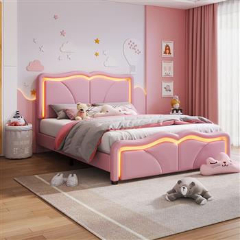 Full Size Upholstered Platform Bed with Curve Shaped and Height-adjustbale Headboard,LED Light Strips,Pink