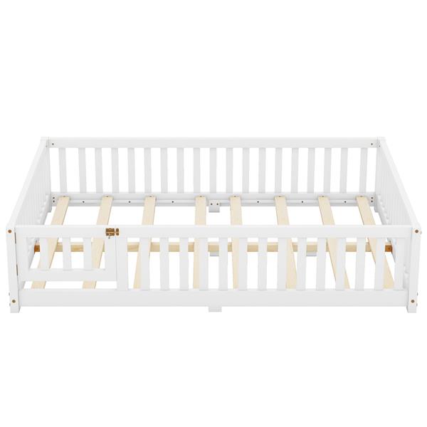 Full Size Bed Floor Bed with Safety Guardrails and Door for Kids, White