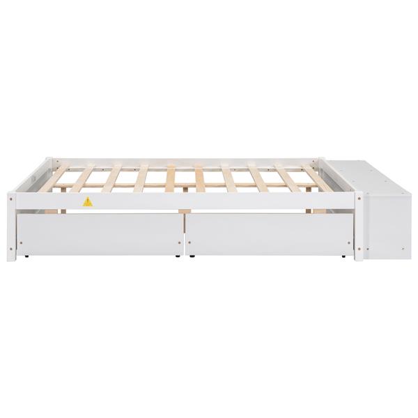 Full Size Bed with Storage Case, 2 Storage drawers, Lengthwise Support Slat,White