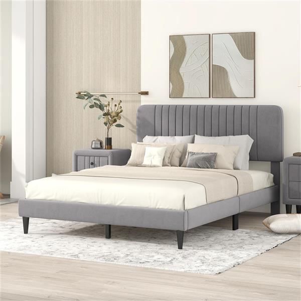 Queen Size Upholstered Platform Bed,No Box Spring Needed, Velvet Fabric,Gray