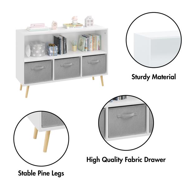 Kids bookcase with Collapsible Fabric Drawers, Children's Book Display, Toy Storage Cabinet Organizer, White/Gray