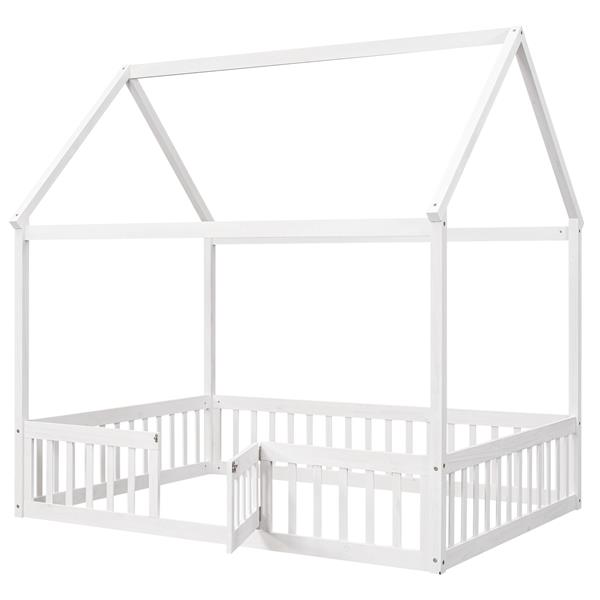 Full Size Wood House Bed with Fence and Door, White Wash