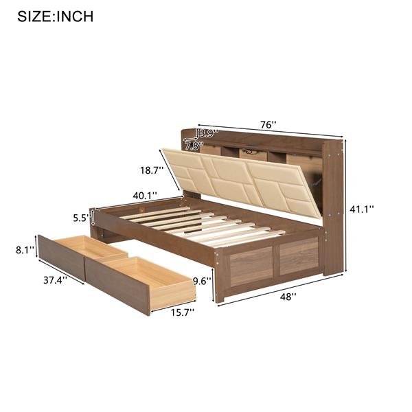 Twin Size Wood Daybed with Upholstered Storage Shelves, USB Ports and 2 Drawers, Wood Color