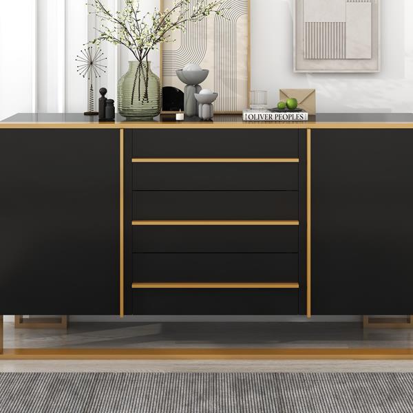 Modern Style 59"L Sideboard with Large Storage Space and Gold Metal Legs for Living Room and Entryway (Black)