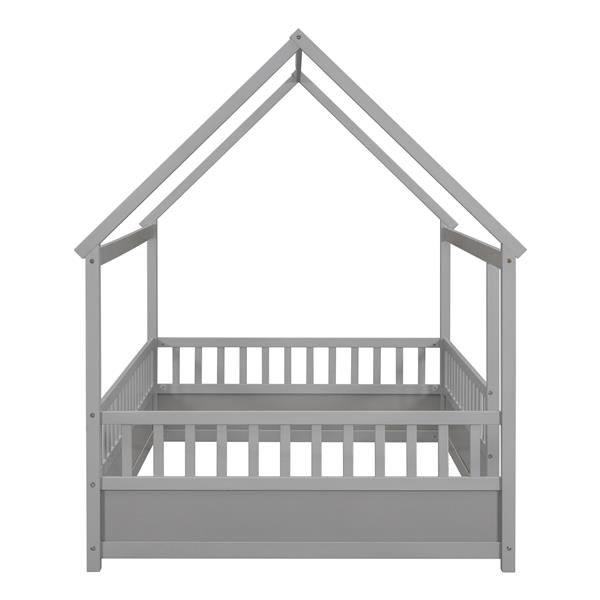 Full Size Floor Wooden Bed with House Roof Frame, Fence Guardrails,Grey