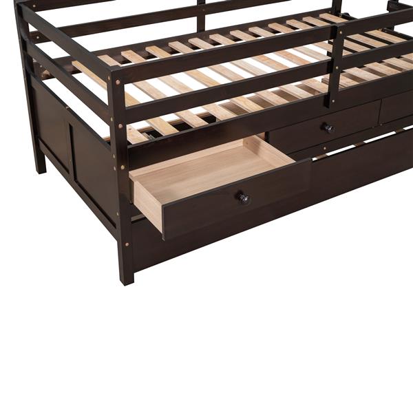 Low Loft Bed Twin Size with Full Safety Fence, Climbing ladder, Storage Drawers and Trundle Espresso Solid Wood Bed