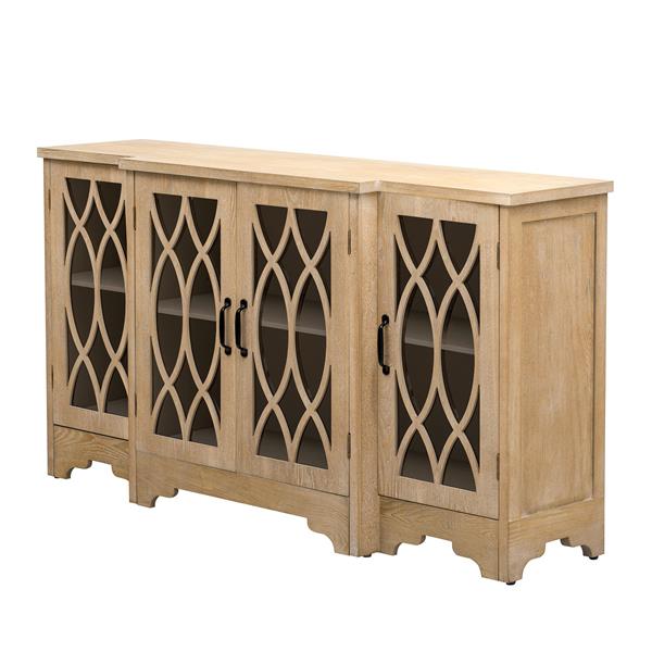 Retro Sideboard Glass Door with Curved Line Design Ample Storage Cabinet with Black Handle and Three Adjustable Shelves for Dining Room and Kitchen (Natural Wood)