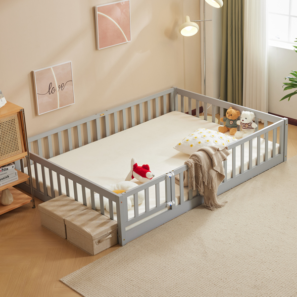 Fence Bed With Door With Board Grey Painted Pine Full Children's Bed