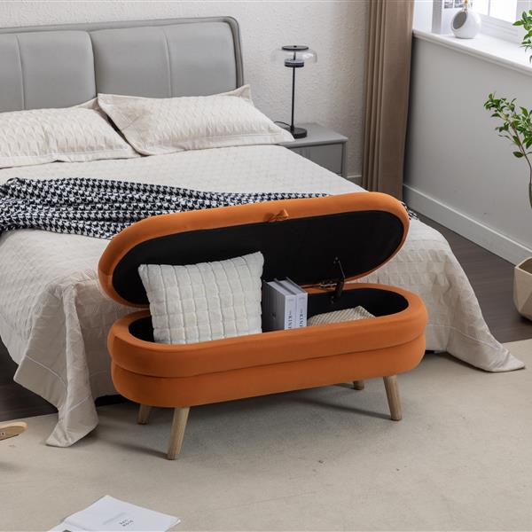 036-Velvet Fabric Storage Bench Bedroom Bench With Wood Legs For Living Room Bedroom Indoor,Orange