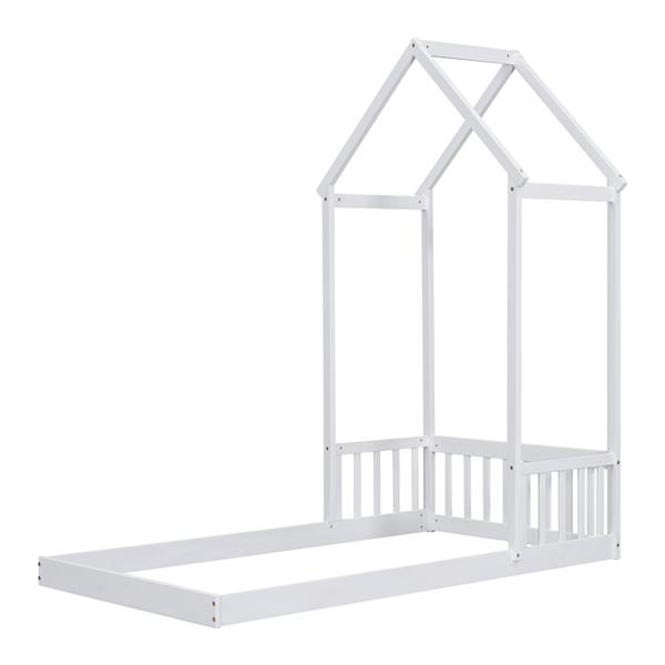 Twin House-shaped Roof Headboard Floor Bed,,(without slats),White