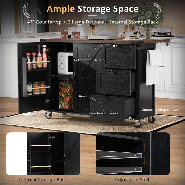 54.5" Farmhouse Kitchen Island with Power Outlet, Kitchen Storage Island  with Internal Storage Rack, Drop Leaf, Spice Rack, Rolling Kitchen Cart on Wheels, for Home, Kitchen and Dining Room,Black